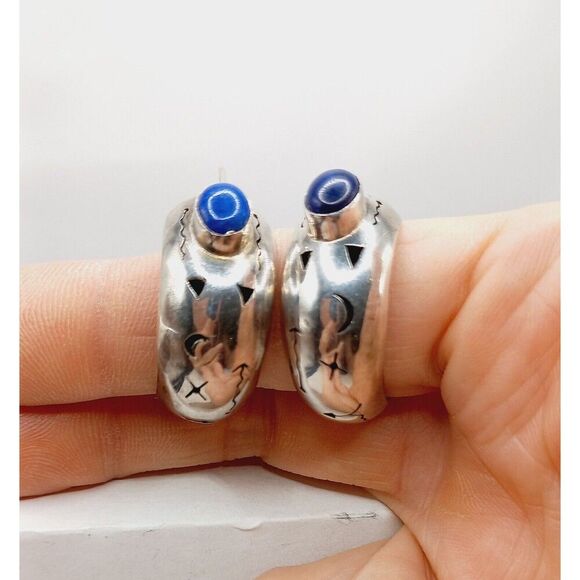 Vintage Sterling Silver Lapis Statement Earrings w Symbols Tribal Southwestern - Picture 3 of 13